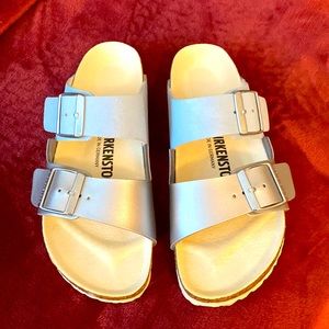 Size 37 Birkenstock silver/powder blue sandals
